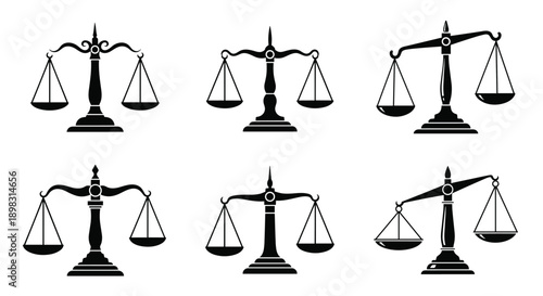 Set of black silhouette icons of the scales of justice represents different artistic interpretations of law and fairness.