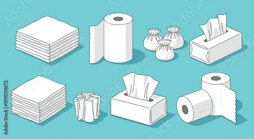 Collection of essential paper products includes toilet paper rolls tissue boxes and napkins for household use.