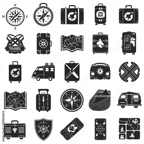 Black and white icons depicting travel elements compasses suitcases vehicles and maps
