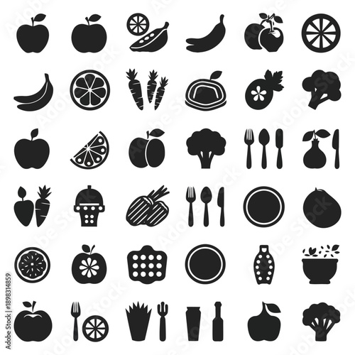 Various monochrome fruit vegetable and kitchen utensil icons arranged in a grid pattern