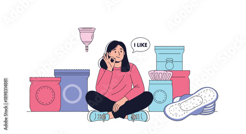 Woman sits comfortably among various menstrual products like pads and cups to promote period positive awareness.