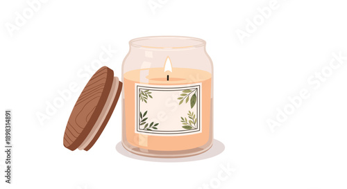 Scented candle in a glass jar with an open wooden lid is ready to provide a relaxing and fragrant atmosphere.