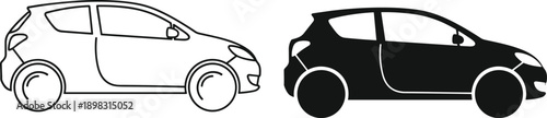 Compact hatchback car side view, black and white silhouette comparison, automotive vector graphic, vehicle profile design, flat illustration, transport concept,