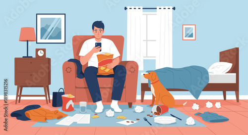 Man sits in a messy room on a couch eating chips and using his phone while his dog watches him among the clutter.