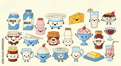 Set of adorable cartoon dairy products with cute faces includes milk cartons cheese yogurt and butter characters.