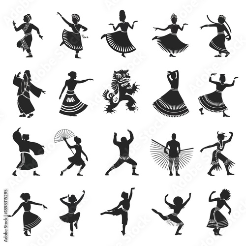 Black silhouettes depict diverse cultural dances performers and traditional symbolic figures high quality