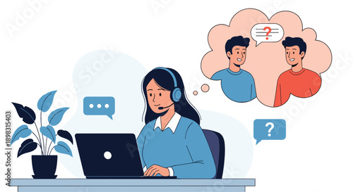 Customer service representative wearing headset working on laptop and helping two people solve their problem through digital communication.