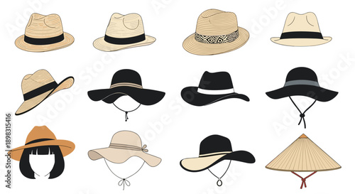 Collection of different stylish hats for men and women including fedora, straw hat, wide brim, and conical asian hat isolated on white background.