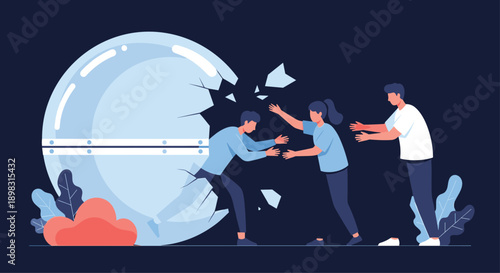 Group of people working together to break out of a restrictive glass sphere symbolizing freedom and overcoming mental or social barriers.