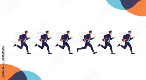 Sequence showing a businessman running fast with a necktie flying back symbolizing speed, hurry, competition, and reaching career goals.