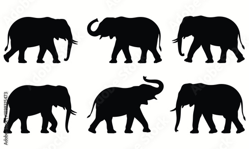 Collection of six different elephant silhouettes showcasing various postures and trunk positions on a white background highlighting their unique characteristics in a visually appealing manner for desi