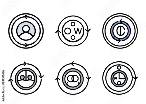 Icons representing teamwork, collaboration, partnership, workflows, and cycles of continuous improvement