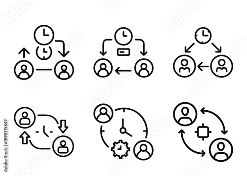 Illustrative icon set showcasing work flow management with time and resources