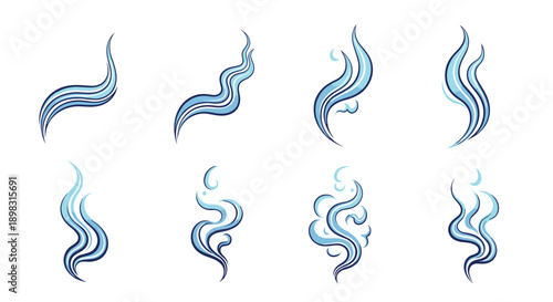 Stylized blue wisps representing flowing water waves or rising steam vapor set against a white background for abstract design elements.