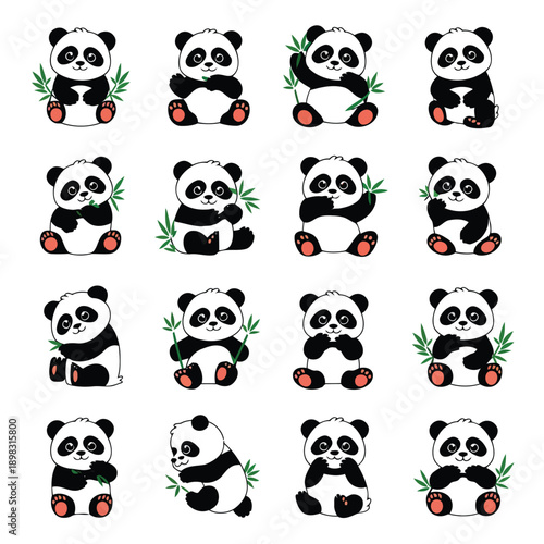 A repeating pattern of adorable panda bears happily munching on fresh green bamboo stalks