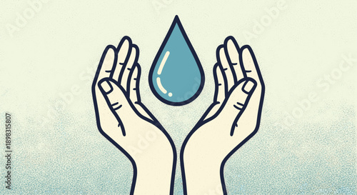 Stylized illustration of hands holding a water droplet against a textured blue background. Use for environmental protection, conservation, water resources, or cleanliness concepts.