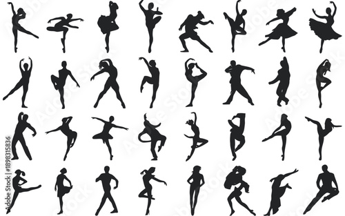 Silhouettes of ballet dancers in various poses forming a dynamic artistic composition
