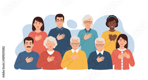 Diverse group of people from different ages and ethnicities standing together with their hands over their hearts showing pledge or unity.