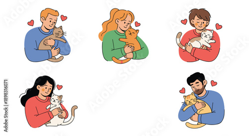 Set of different people affectionately hugging their pet cats showing the strong emotional bond between humans and their feline companions.