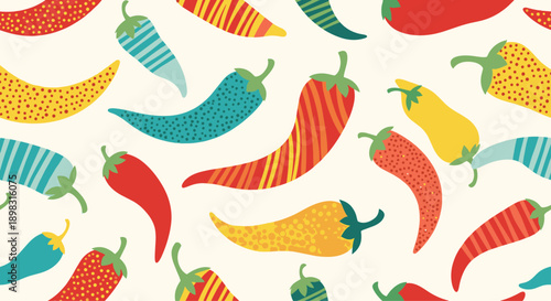 Colorful and vibrant seamless pattern of various chili peppers with different decorative textures and patterns on a light cream background.