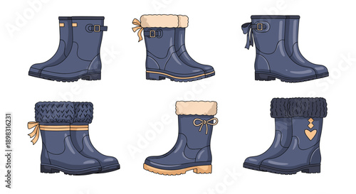 Collection of various stylish and practical winter boots for women featuring fur lining, bows, and decorative textures in dark blue tones.