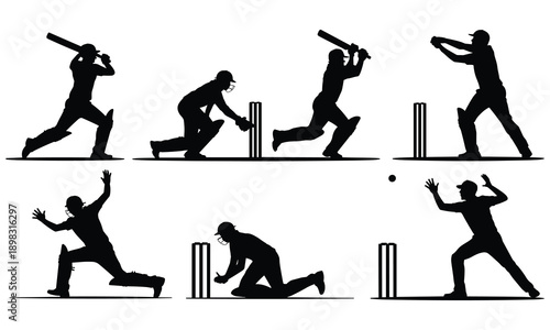Cricket players in various batting and fielding positions depicted in silhouettes on a white background showcasing dynamic action and movement during a game
