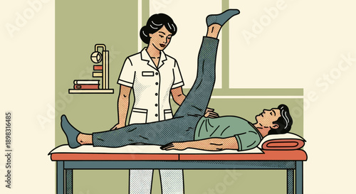 Illustration of a physical therapist assisting a patient with a leg raise exercise on an examination table. Retro style graphics for healthcare or rehabilitation concepts.