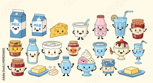 Large set of cute kawaii style characters representing dairy products like milk, cheese, yogurt, butter, and jam with happy smiling faces.