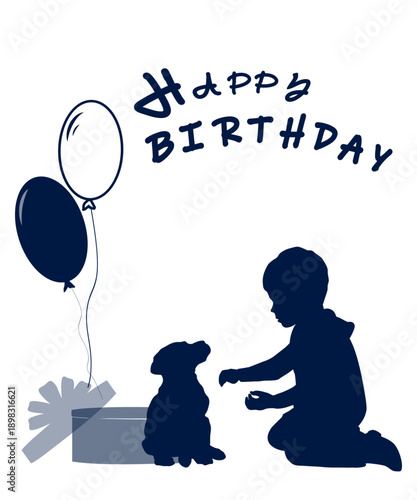 Happy birthday. Children silhouettes, a boy with a puppy. Vector illustration.	
