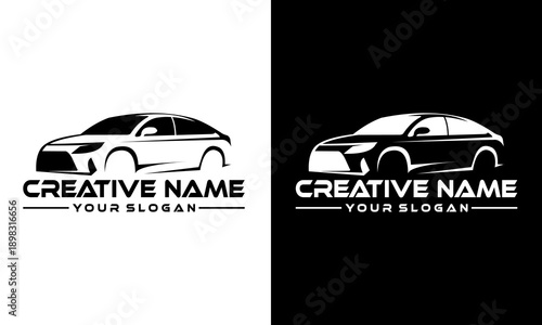 Modern car logo template design with creative name and slogan on white and black background is not present
