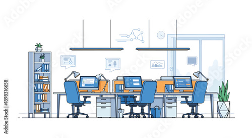 Modern corporate office workspace featuring ergonomic blue chairs, computer monitors on desks, and organized shelving units.