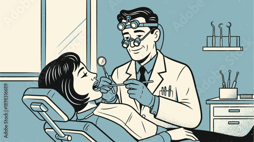 Illustration depicting a smiling dentist examining a patient in a dental chair, rendered in a vintage cartoon style. Ideal for dental health campaigns and nostalgic themes.