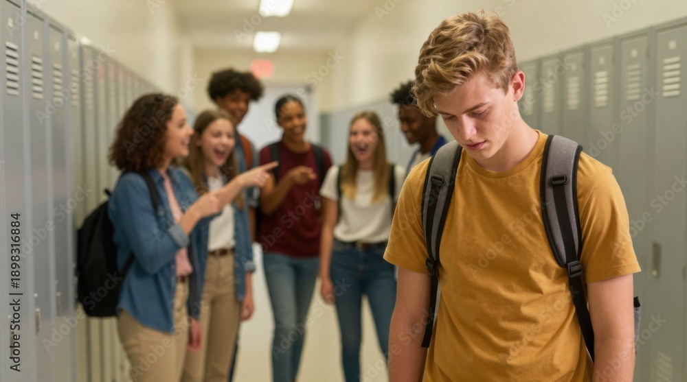 Fototapeta premium Sad Student Stands Apart as Others Laugh in School Hallway, Bullying and Exclusion Concept