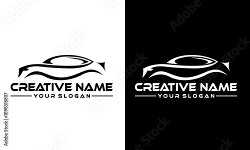 Stylized logo template design displayed on contrasting white and black backgrounds showcasing a creative name and slogan placeholder