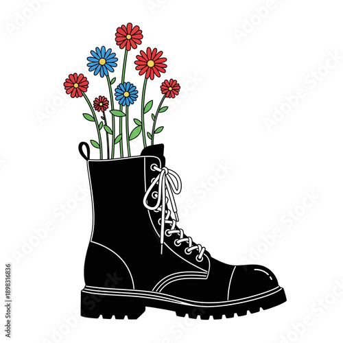 Black combat boot with colorful flowers growing from top, white background