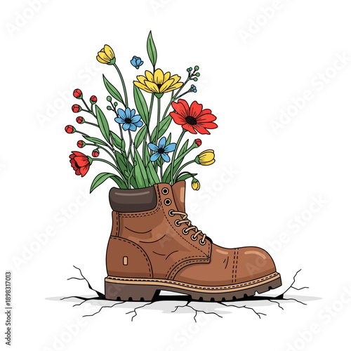 Blooming boot with flowers growing from cracked ground, symbolizing hope and new beginnings