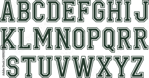 Green and White Varsity Alphabet Set with Classic Slab Serif Outline Font for College Sports and Athletic Team Branding