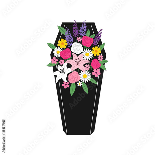 Black Coffin with Vibrant Floral Arrangement Funeral Sympathy Grief Loss
