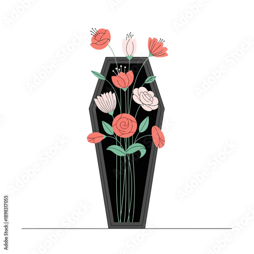 Dark Coffin with Blooming Flowers, Gothic Funeral Floral Arrangement