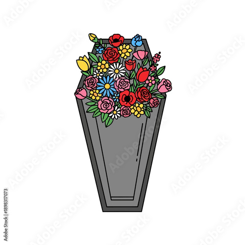 Funeral coffin with colorful flowers bouquet, vector illustration