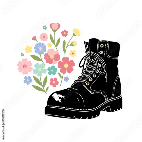 Black Work Boot with Pastel Flowers Illustration, Spring Concept