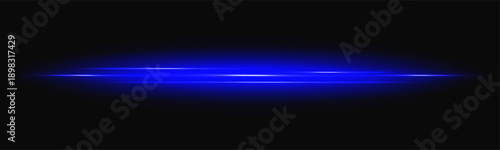 Light laser blue beam and flare line for bright speed on digital background. Neon horizontal streak overlay with glow shine effect in black dark space. Abstract vector motion ray png isolated