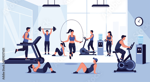 People engaging in diverse physical activities at a modern gym including running, weightlifting, jumping rope, and cycling.