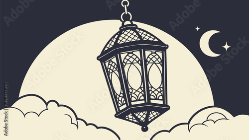 Elegant hanging lantern under a moonlit night sky with crescent moon