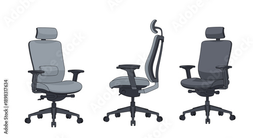 Ergonomic office chair shown from three different perspectives including front, side, and rear views for product display.