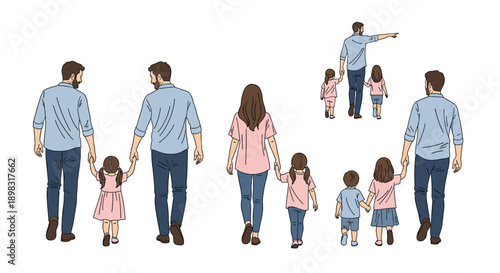 Different family combinations of fathers and mothers walking hand-in-hand with their young children as seen from behind.