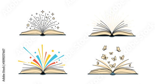 Open books with magical and creative elements like colorful sparks, glittering stars, and flying butterflies emerging from the pages.