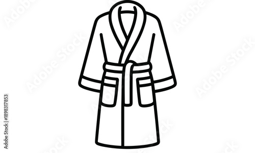 Simple black and white line illustration of a bathrobe with pockets and a belt tied around the waist
