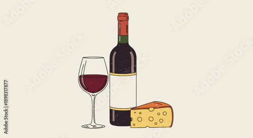 Stylized illustration of red wine bottle, glass of wine and piece of cheese. Use for food blogs, recipe websites, and promotional wine tasting events.