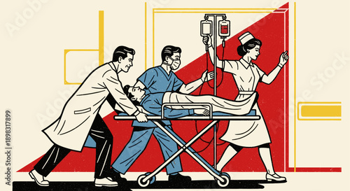 Illustration of doctors and nurse rapidly transporting a patient on a gurney with IV drip, capturing the tension and speed of an emergency in a retro style.